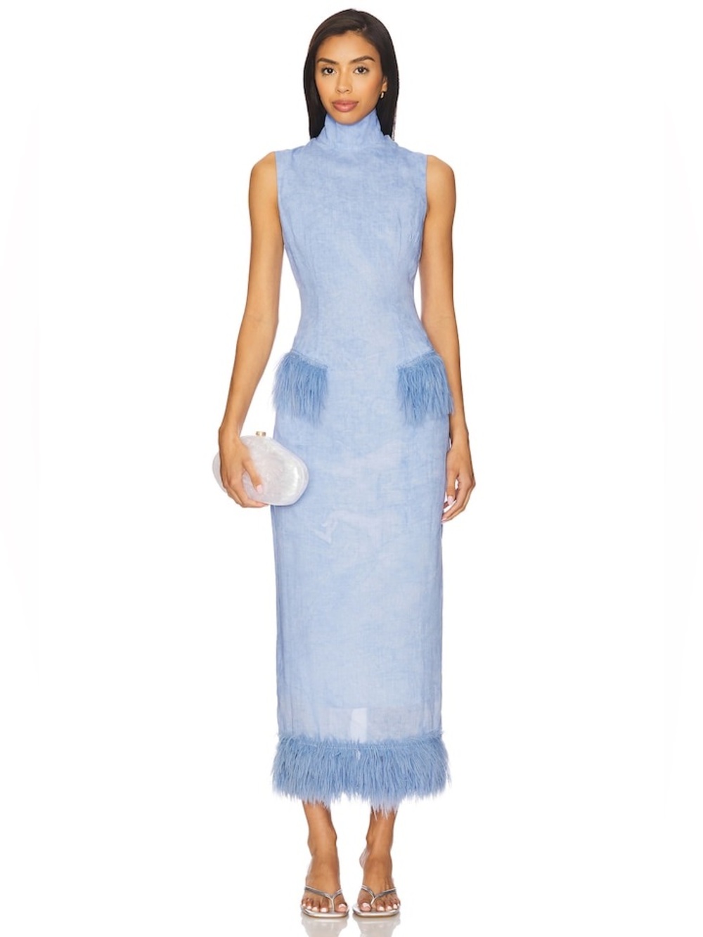 YLLW Asher Dress Blue Feather Trim Linen Blend Dress Mock Neck Sleeveless NWT XS